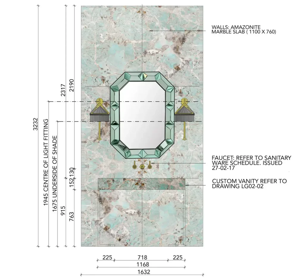 An architectural elevation drawing of a luxury bathroom vanity featuring an Amazonite marble slab, a faceted mirror, and elegant wall sconces.